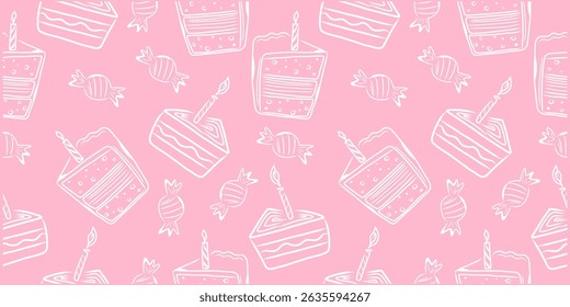 Handdrawn seamless pattern with birthday cakes. Doodle vector design.