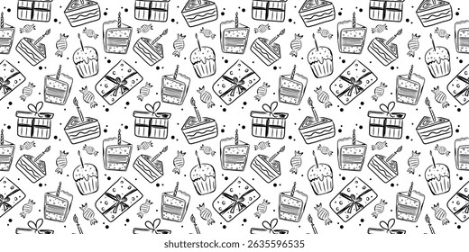 Handdrawn seamless pattern with birthday cakes and gift boxes. Doodle vector black and white design.
