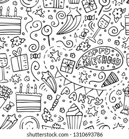 Hand-drawn seamless pattern with Birthday doodles. Monochrome