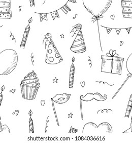 Hand-drawn seamless pattern of birthday. Birthday wrapping paper. Cartoon doodles. Vector sketches.