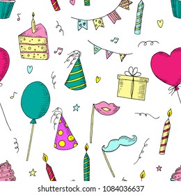 Hand-drawn seamless pattern of birthday. Birthday wrapping paper. Cartoon doodles. Colorful sketches. Vector illustration.
