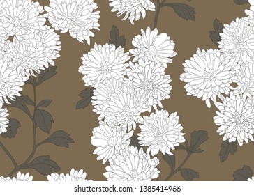 Hand-drawn seamless pattern with blooming white asters. Vector flower texture. 