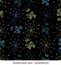Hand-drawn seamless pattern. A bouquet of dry autumn plants: berries, flowers, branches, leaves.  Herbs, flowers, dried flowers, orange, blue, black, pink flowers watercolor.