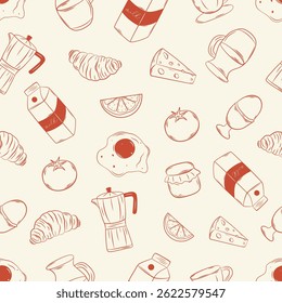 Hand-drawn seamless pattern with breakfast food and coffee. Designed for wrapping paper, packaging, fabric, and textile design. Vector.