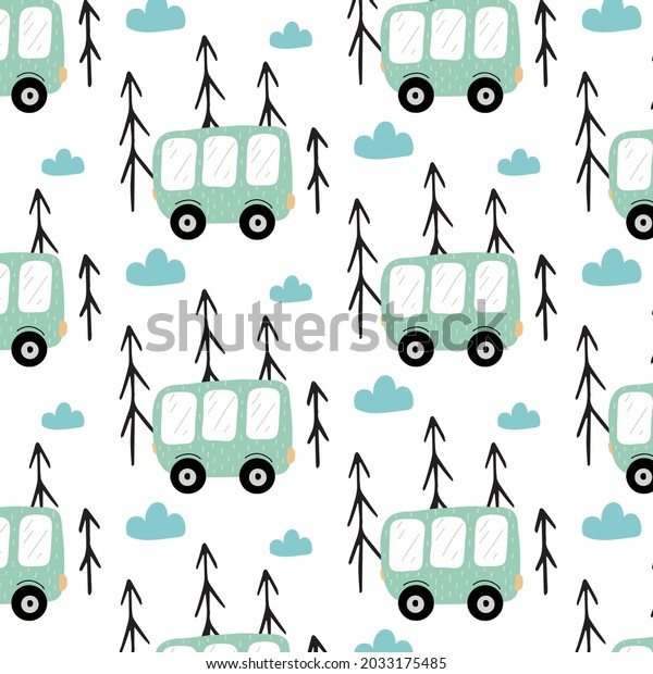 hand-drawn seamless pattern with bus .Pattern with\
green bus . The pattern is suitable for prints, posters, postcards.\
wrapping paper.