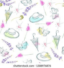 Hand-drawn seamless pattern with butterflies, hearts, wildflowers, hats and umbrellas. Textile summer pattern fow girls. Children clothes print. Wallpaper design watercolor.