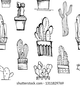 Handdrawn seamless pattern with cacti. Pattern with different cactus.Great for fabrics, wallpaper,packaging.