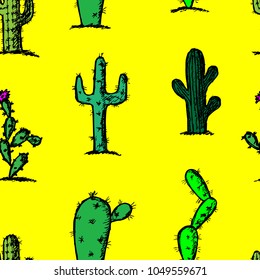 Hand-drawn seamless pattern of cacti. Vector illustrations. Desert conception.