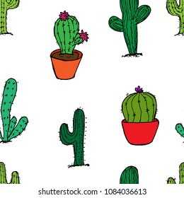 Hand-drawn seamless pattern of cactus. Cartoon doodles. Vector sketches. Colorful illustration.