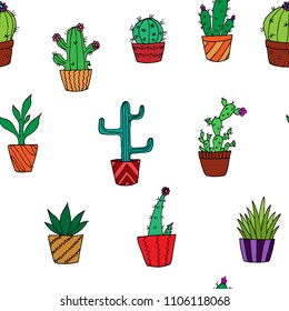 Hand-drawn seamless pattern of cactus. Cartoon doodles. Vector sketches. Colorful background. 
