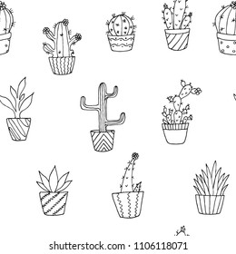 Hand-drawn seamless pattern of cactus. Cartoon doodles. Vector sketches. 
