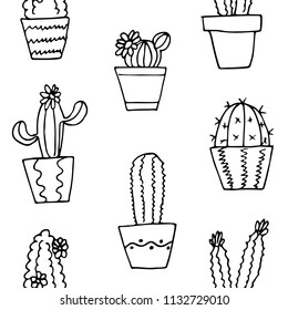 Hand-drawn seamless pattern of cactus pots doodles. Vector texture.