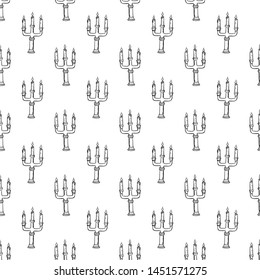 Handdrawn seamless pattern candlestick doodle icon. Hand drawn black sketch. Sign cartoon symbol. Decoration element. White background. Isolated. Flat design. Vector illustration.