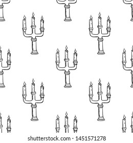 Handdrawn seamless pattern candlestick doodle icon. Hand drawn black sketch. Sign cartoon symbol. Decoration element. White background. Isolated. Flat design. Vector illustration.