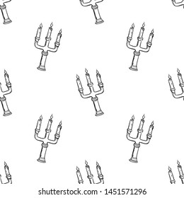 Handdrawn seamless pattern candlestick doodle icon. Hand drawn black sketch. Sign cartoon symbol. Decoration element. White background. Isolated. Flat design. Vector illustration.