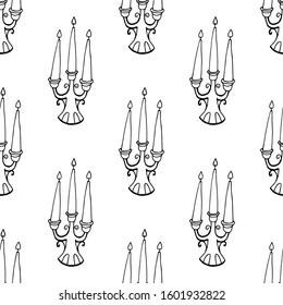 Handdrawn seamless pattern candlestick doodle icon. Hand drawn black sketch. Sign cartoon symbol. Decoration element. White background. Isolated. Flat design. Vector illustration.