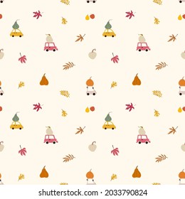 Hand-drawn seamless pattern with cars and pumpkins, fallen leaves. Cute doodle illustrations on beige background. For prints, backgrounds, wrapping paper, textile, linen, wallpaper, etc.