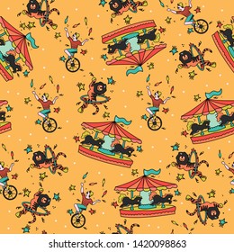 Handdrawn seamless pattern with cartoon circus illustration. Vector kids background.