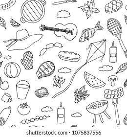 Hand-drawn seamless pattern of cartoon picnic doodles. Vector sketches. BBQ illustrations. White background.