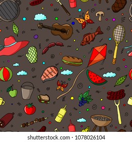 Hand-drawn seamless pattern of cartoon picnic doodles. Vector sketches. BBQ illustrations. Colorful elements.