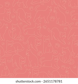 Hand-drawn seamless pattern of cats on coral pink background