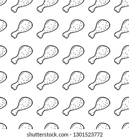 Handdrawn seamless pattern Chicken's leg doodle icon. Hand drawn black sketch. Sign symbol. Decoration element. White background. Isolated. Flat design. Vector illustration.