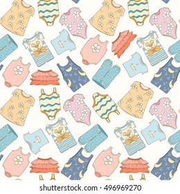 Hand-drawn seamless pattern of children clothes. Vector illustration can be used for wallpaper, website background, wrapping paper. Sketch elements of cartoon baby outfit