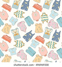 Hand-drawn seamless pattern of children clothes. Vector illustration can be used for wallpaper, website background, wrapping paper. Sketch elements of cartoon baby outfit