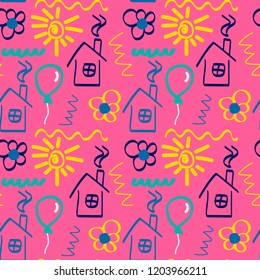 Hand-drawn seamless pattern in children`s style. Vector doodle texture with houses, flowers, balloons, suns. Cute children's illustration