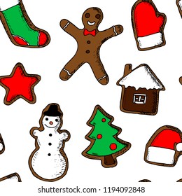 Hand-drawn seamless pattern of christmas cookie. Vector cartoon background of gingerbreads. 