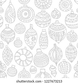 Hand-drawn seamless pattern for Christmas and New Year on a white background with Christmas balls. Festive paper.