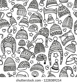 Hand-drawn seamless pattern for Christmas and New Year on a white background with hats. Festive paper.