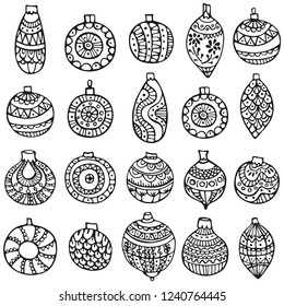 Hand-drawn seamless pattern for Christmas and New Year on a white background with Christmas balls. Christmas ornament.