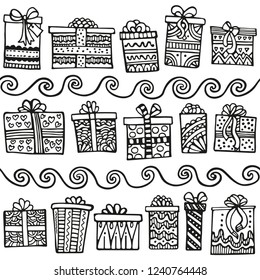 Hand-drawn seamless pattern for Christmas, New Year or birthday on a white background with gift boxes. Festive set.
