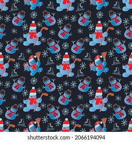 Handgezeichnet nahtloses Muster mit Weihnachtsschneemännern und Schneeflocken auf blauem Hintergrund. Vektorgrafik zum Verpacken von Papier, Umschlägen, Karten und Stoff. 