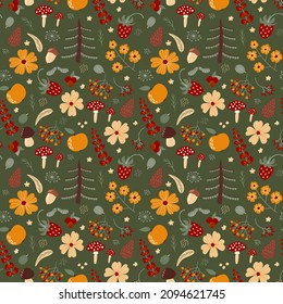 Handgezeichnet nahtloses Muster. Weihnachtsbäume, Blumen, Äpfel, Pilze, Buchten, Beeren. Design für Gewebe, Textilien, Tapeten, Verpackungen.