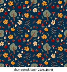 Patrón sin fisuras dibujado a mano. árboles de Navidad, flores, manzanas, setas, conos, bayas. Diseño para tela, textil, papel pintado, embalaje.	