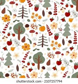 Hand-drawn seamless pattern. Christmas trees, trees, flowers, apples, mushrooms, cones, berries. Design for fabric, textile, wallpaper, packaging.