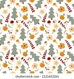 Hand-drawn seamless pattern. Christmas trees, flowers, apples, mushrooms, cones, berries. Design for fabric, textile, wallpaper, packaging.	