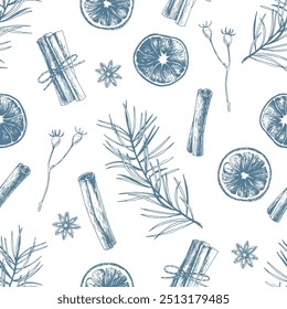 Hand-drawn seamless pattern with cinnamon sticks, orange slices, star anise, and pine branches on a white background. Botanical illustration for design and print.