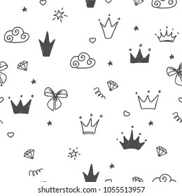 Hand-drawn seamless pattern with clouds, hearts, bow, diamond, crowns. Cute baby and little princess design. Children's room wallpaper and clothes texture.