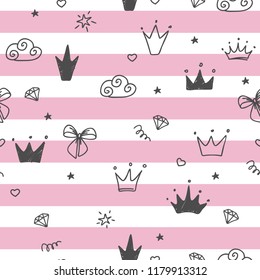 Hand-drawn seamless pattern with clouds, hearts, bow, diamond, crowns. Cute baby and little princess design. Children's room wallpaper and clothes texture.