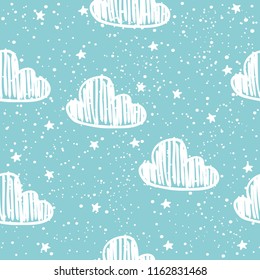 Hand-drawn seamless pattern with clouds, stars and snow on blue.