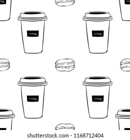 Hand-drawn seamless pattern of coffee and macaroons, macarons desserts illustrations. Vector sketches. Fashion Vintage illustration art pastel colors on white background.