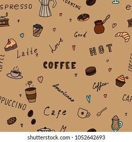 Hand-drawn seamless pattern of coffee and text. Vector sketches. Colorful cartoon illustrations.