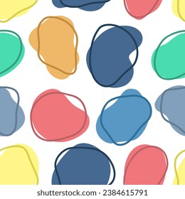 Hand-drawn seamless pattern of colored round abstract organic blots of irregular shape. Liquid shapes for decorations. Vector illustration.