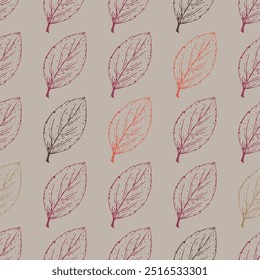 Hand-drawn seamless pattern with colorful autumn leaves on an earthy shade background in sketch style. Fall background with subtle hand-drawn botanical elements