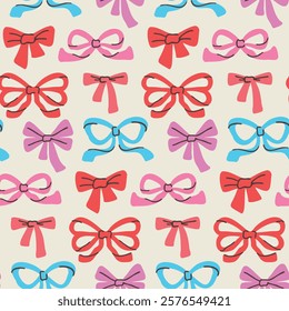 Hand-drawn seamless pattern of colorful bows on a light background, featuring soft shades of pink, red and blue. Cute, romantic, playful design.