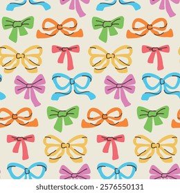 Hand-drawn seamless pattern of colorful bows on a light background, featuring shades of pink, red, orange, green, yellow, and blue. Cute, cheerful, playful design.