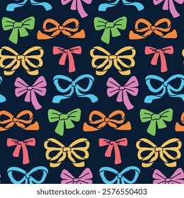 Hand-drawn seamless pattern of colorful bows on a dark background, featuring shades of pink, red, orange, green, yellow, and blue. Cute, cheerful, playful design.